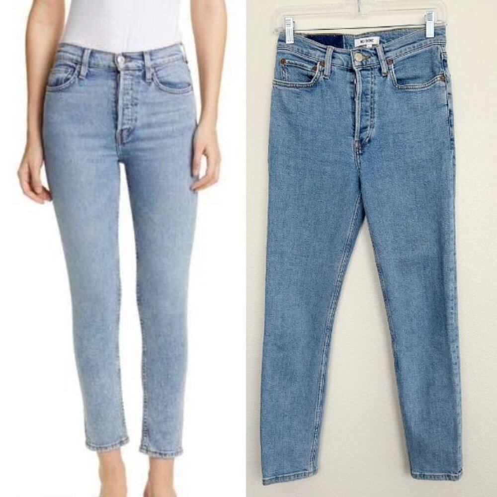 Re/Done Women's 90s High Rise Ankle Crop Button Fly Jeans Light Wash Blue Sz 25